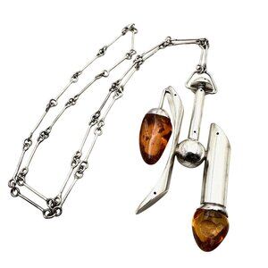 Unusual Rare Vintage Modernist Sterling Silver Amber Necklace 2 Bugs In Amber